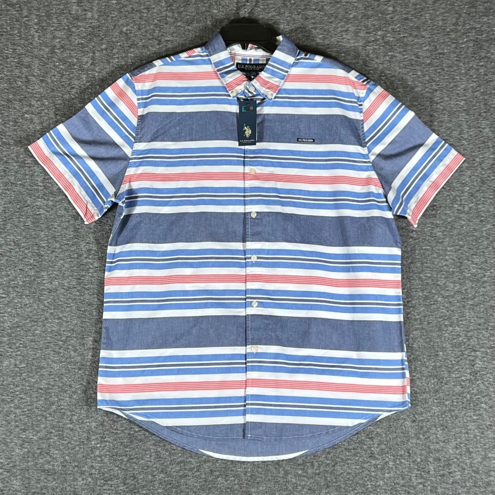 US Polo Assn Mens Short Sleeve Button Up Shirt Striped Blue Red White Casual L